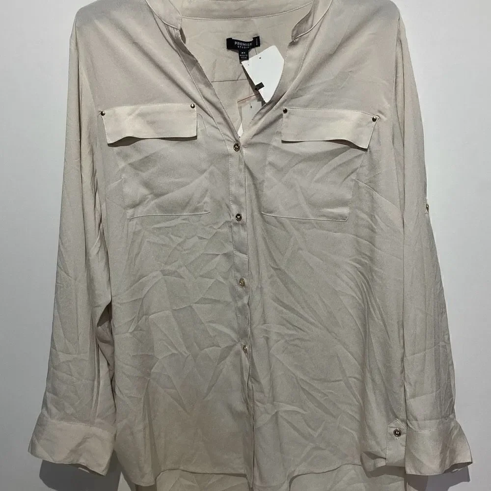Premise‎ Studio Women's Cream Button Front Long Sleeve Shirt Size OX (NWT)